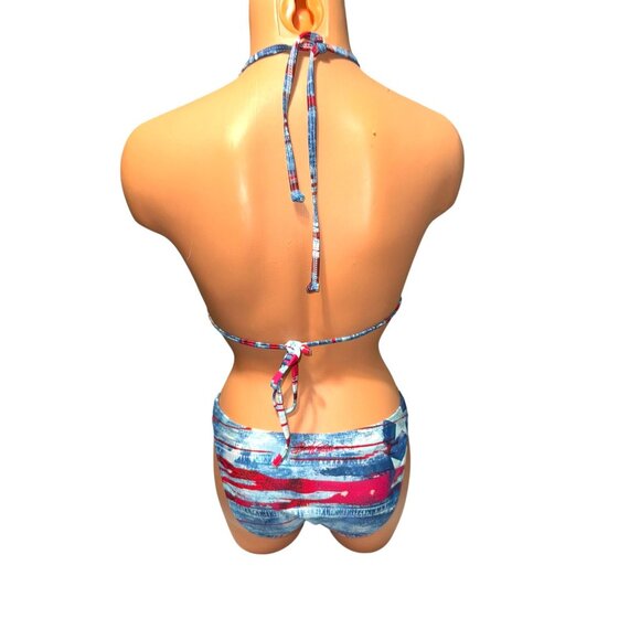 Body Glove Fringe Halter Bikini Set Blue/Red Tie-Dye Print - Picture 8 of 14